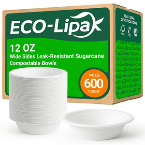 12 oz / 16 oz Wide Sides Leak - Resistant Sugarcane Compostable Bowls|BPI Certified, PFAS - Free - ECO - Lipak