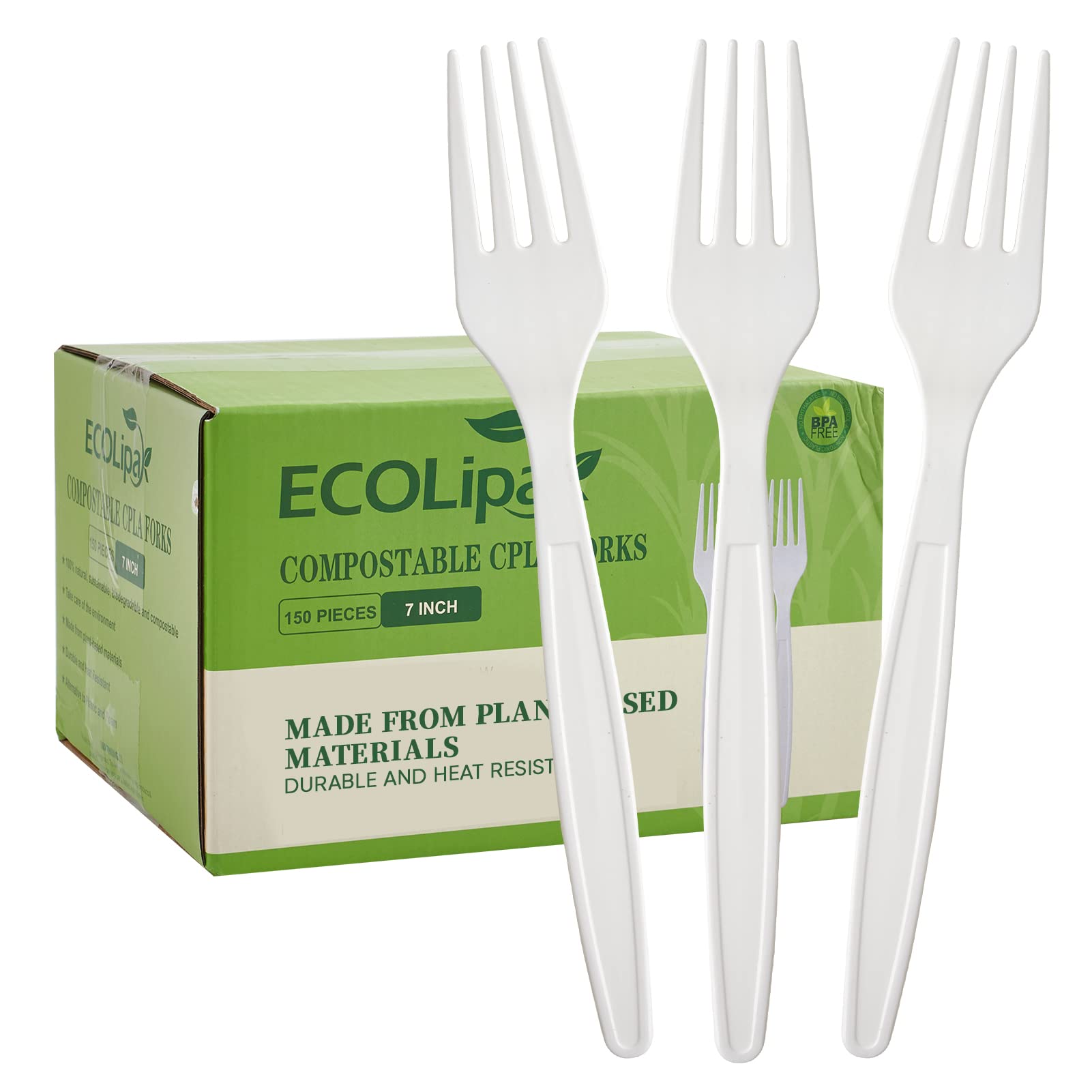 A box of 150 white, compostable, 7-inch forks labeled "ECOLipa," designed from plant-based materials, emphasizing durability and heat resistance.