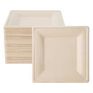 Stack of eco-friendly, beige disposable plates with a textured surface, one plate slightly turned forward.
