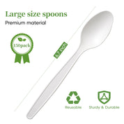 Image of a 6.7-inch reusable white spoon, part of a 150-pack, featuring labels for premium material, sturdiness, and recyclability.