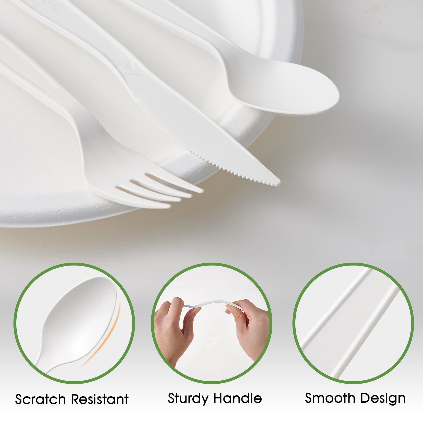 A collection of ECOLipak white disposable utensils (fork, knife, spoon) on a white plate, highlighting features: scratch resistant, sturdy handle, smooth design.