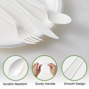 A collection of ECOLipak white disposable utensils (fork, knife, spoon) on a white plate, highlighting features: scratch resistant, sturdy handle, smooth design.