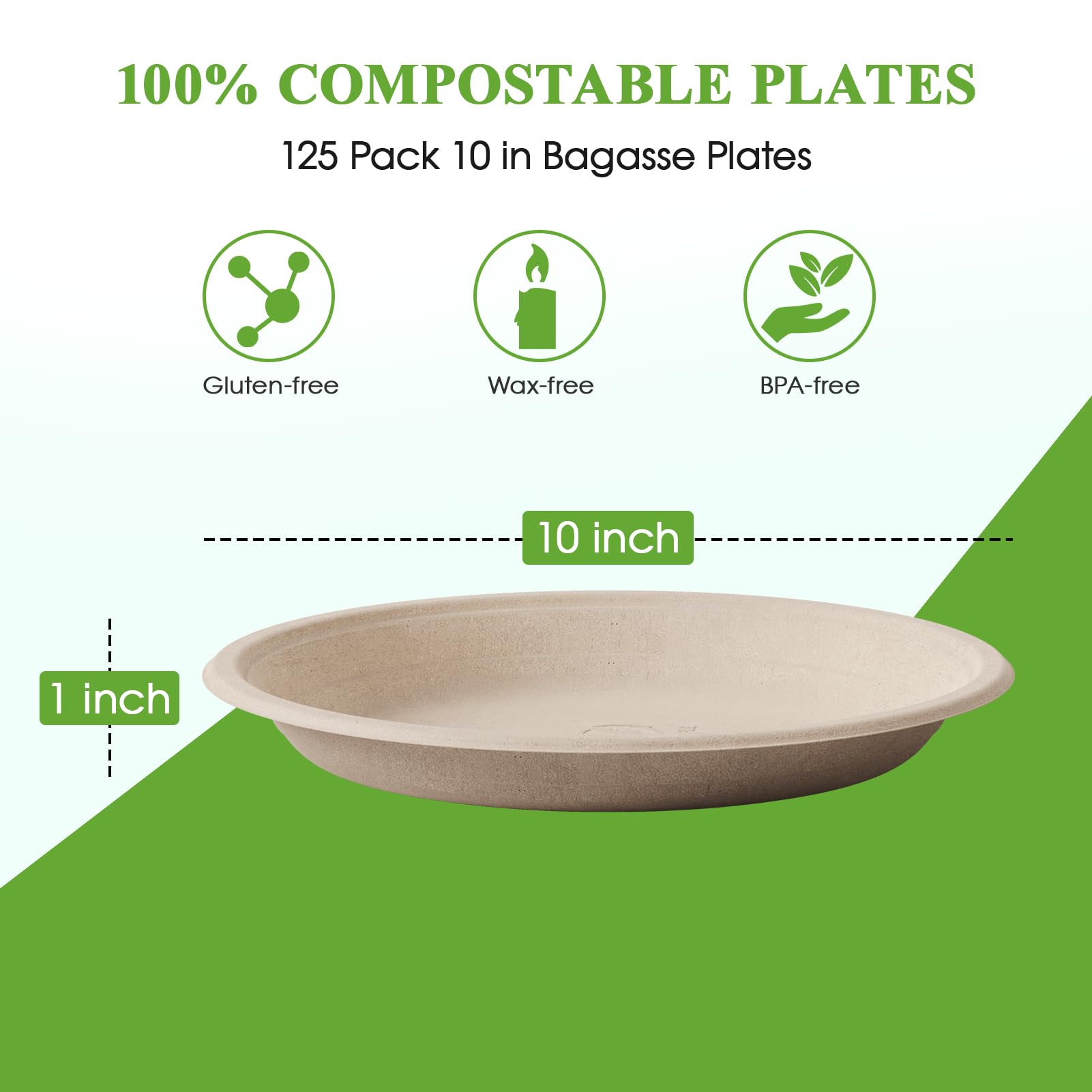 Image depicts 10-inch, 1-inch deep compostable bagasse plates in a 125-pack, marked as gluten-free, wax-free, and BPA-free.