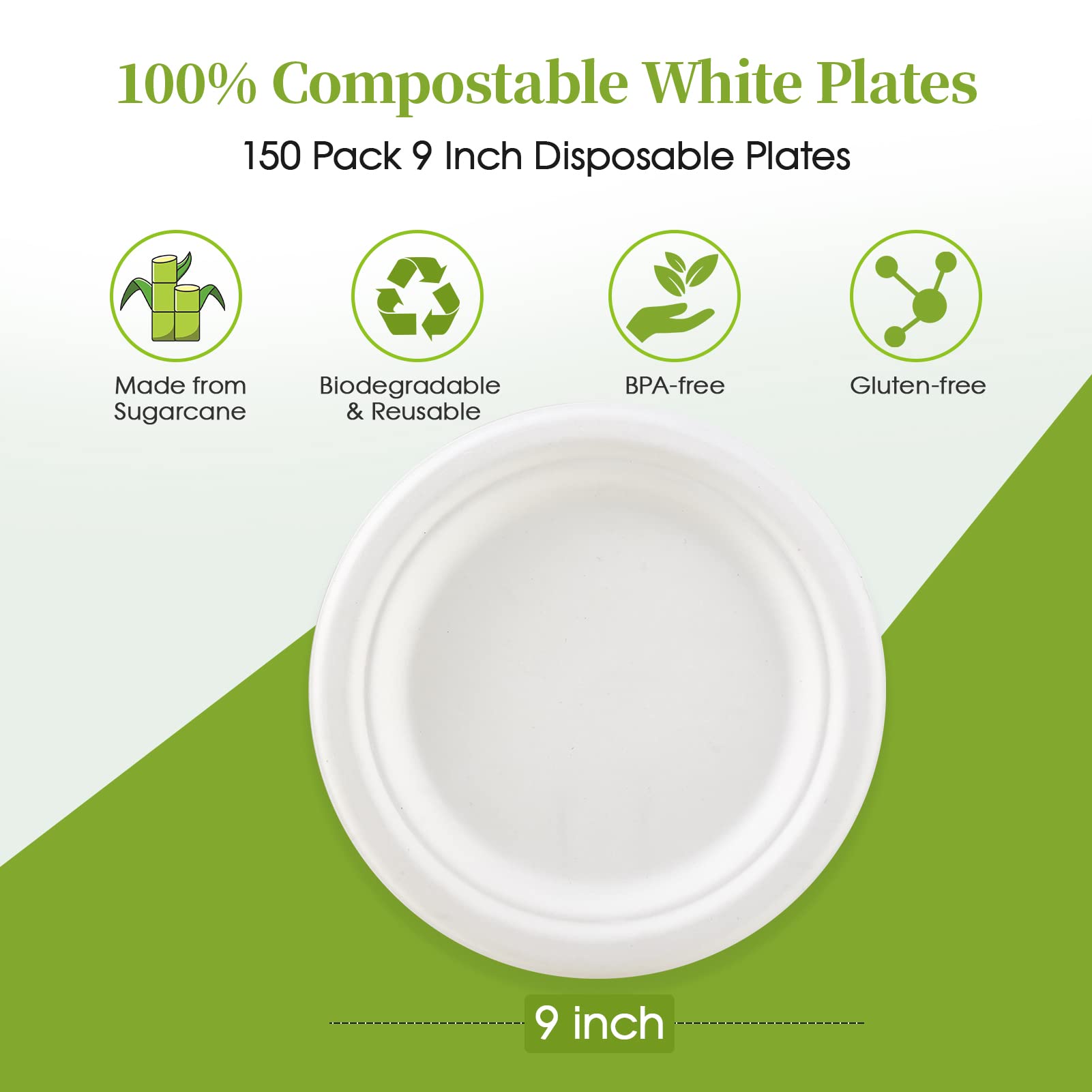 100% compostable white plates, 9-inch, made from sugarcane, biodegradable, BPA-free, gluten-free; 150-pack. Eco-friendly dining solution.