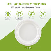 100% compostable white plates, 9-inch, made from sugarcane, biodegradable, BPA-free, gluten-free; 150-pack. Eco-friendly dining solution.