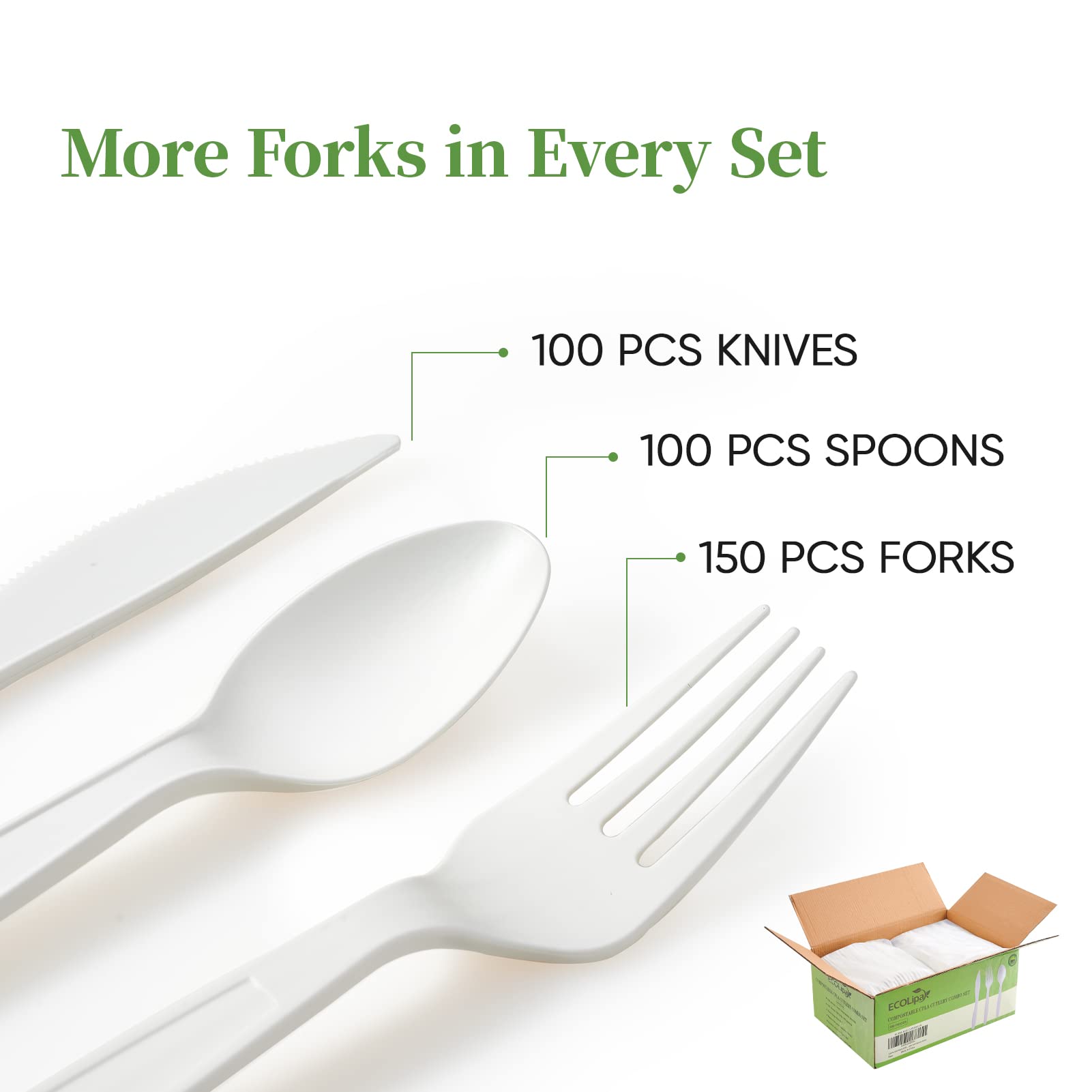 Image showing a set of disposable utensils: 100 knives, 100 spoons, and 150 forks, with a box of utensils in the corner.