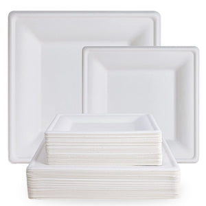 A stack of white, square disposable plates in three sizes, featuring a clean, modern design, ideal for serving meals.