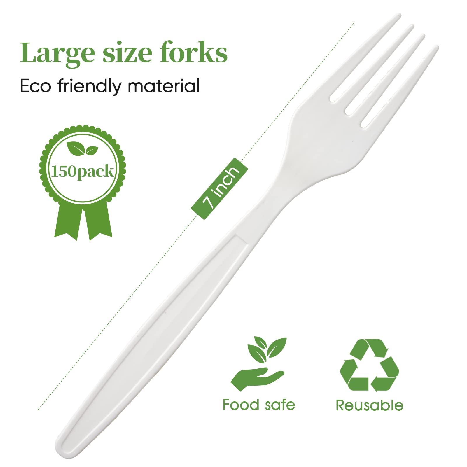 A 7-inch large white fork made from eco-friendly material, labeled as food-safe and reusable, in a pack of 150.