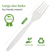 A 7-inch large white fork made from eco-friendly material, labeled as food-safe and reusable, in a pack of 150.