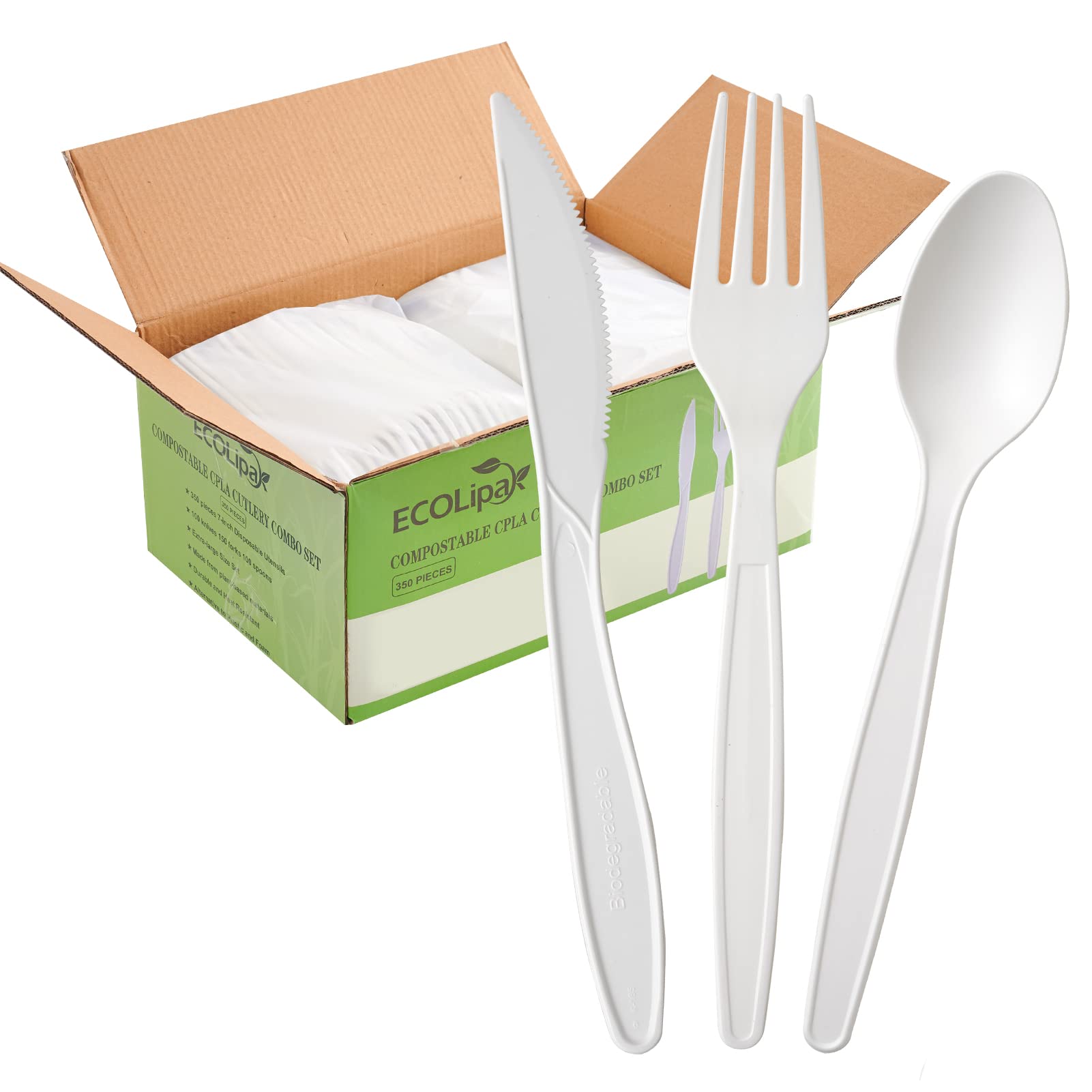 A box of 350 compostable utensils including a knife, fork, and spoon, featuring a green design labeled "ECOLipak."