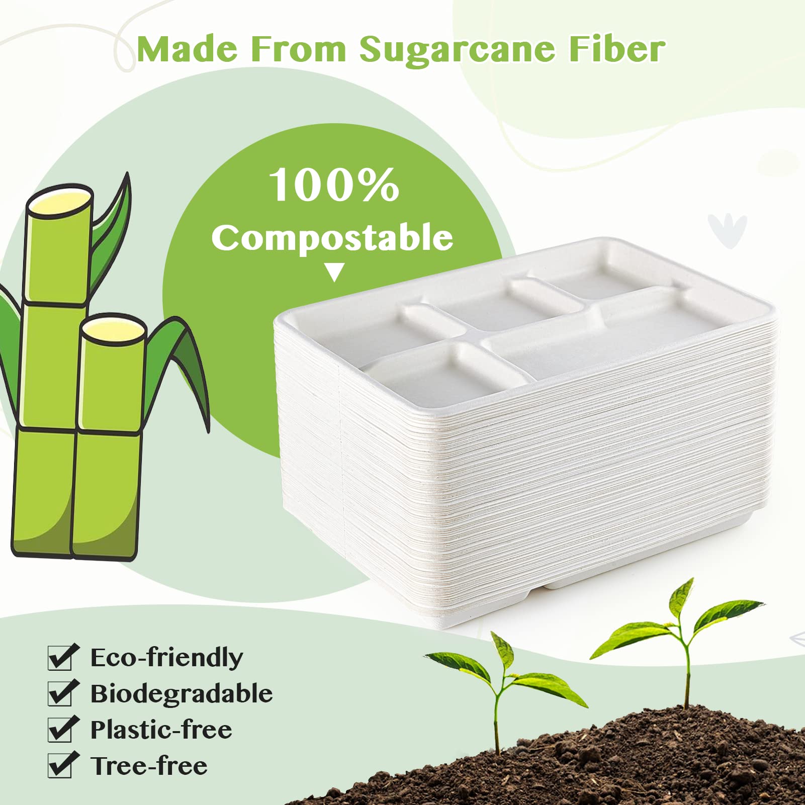 Stack of eco-friendly, 100% compostable sugarcane fiber trays with checkmarks for biodegradable, plastic-free, and tree-free features.
