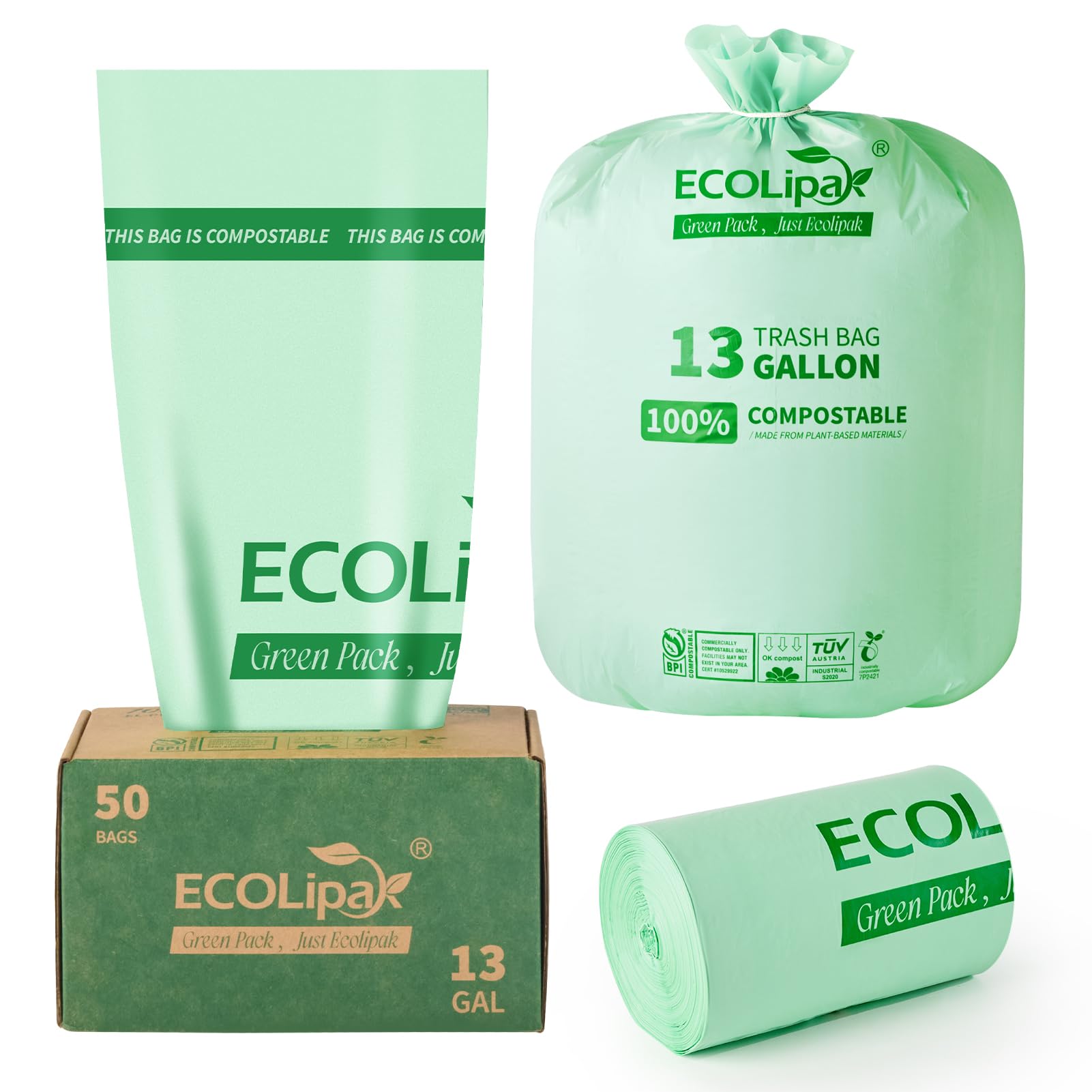 Eco-friendly ECOLipak 13-gallon compostable trash bags, featuring packaging and individual rolls in light green.