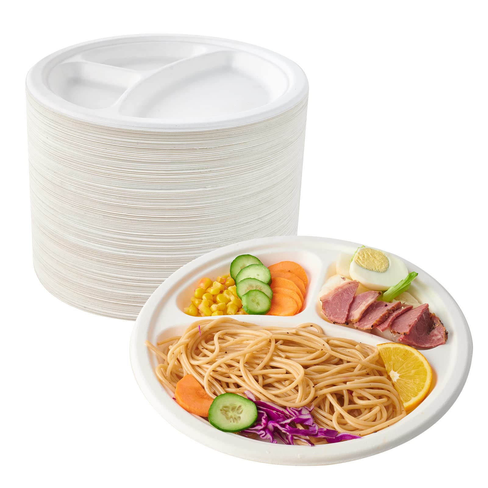 ECOLipak stack of round, multi - compartment disposable plates, ideal for neatly arranging a variety of foods like pasta, vegetables, and meat.