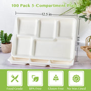 Five-compartment plates stacked, measuring 12.5"x8.6", in a natural shade. Features: food-grade, BPA-free, gluten-free, no wax lining.