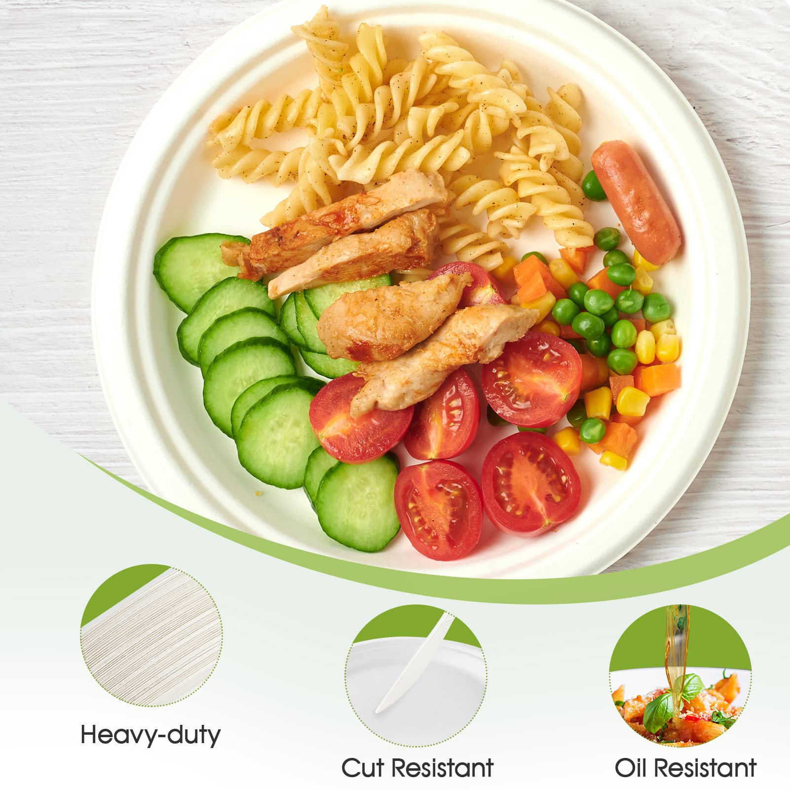 A plate of pasta, chicken, cucumbers, tomatoes, mixed veggies, and a hot dog, with features highlighting heavy-duty, cut, and oil resistance.