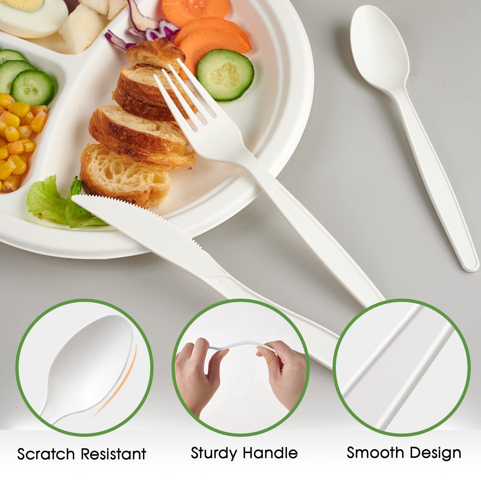 A white compostable plate with partitioned food, featuring durable white utensils and highlighted benefits of scratch resistance and smooth design.