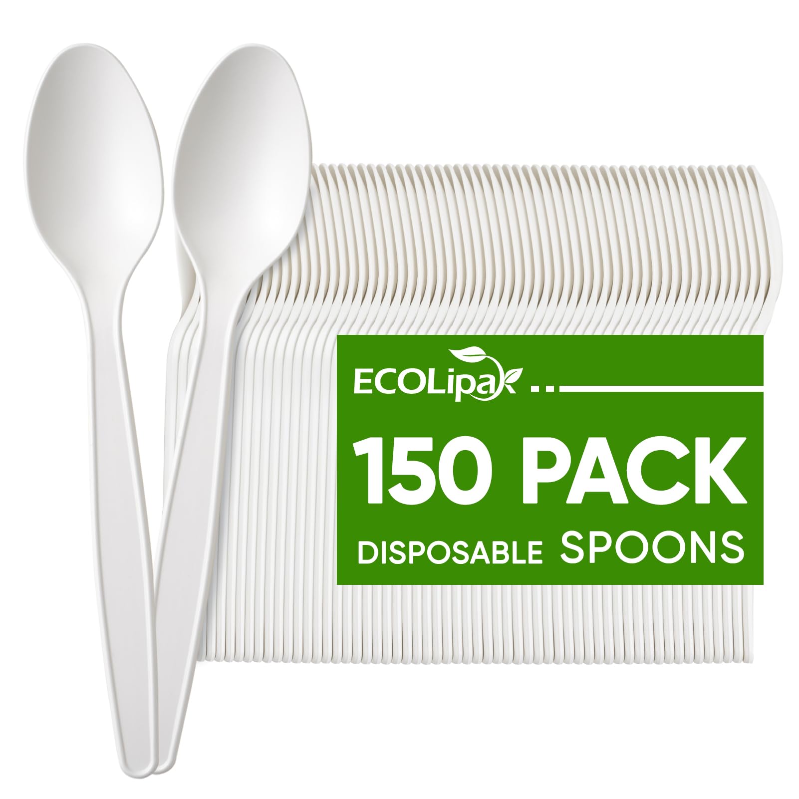 Pack of 150 white disposable spoons with a green label stating "ECOlipak 150 Pack Disposable Spoons." Two spoons are shown in the foreground.