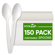 Pack of 150 white disposable spoons with a green label stating "ECOlipak 150 Pack Disposable Spoons." Two spoons are shown in the foreground.