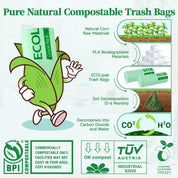 Infographic showcasing ECOLipak compostable trash bags made from natural corn materials, decomposing in 3-6 months into water and CO2.