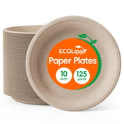 A stack of eco-friendly 10-inch paper plates labeled "ECOLipa," featuring a bright orange and green design with a 125 pack count.