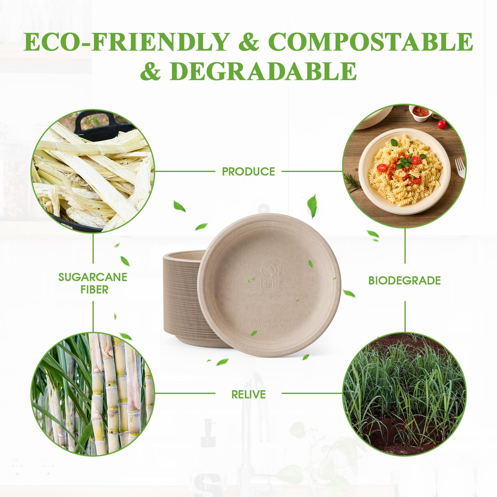 Eco-friendly bamboo plates made from sugarcane fiber highlight their compostable and biodegradable properties, promoting sustainability.