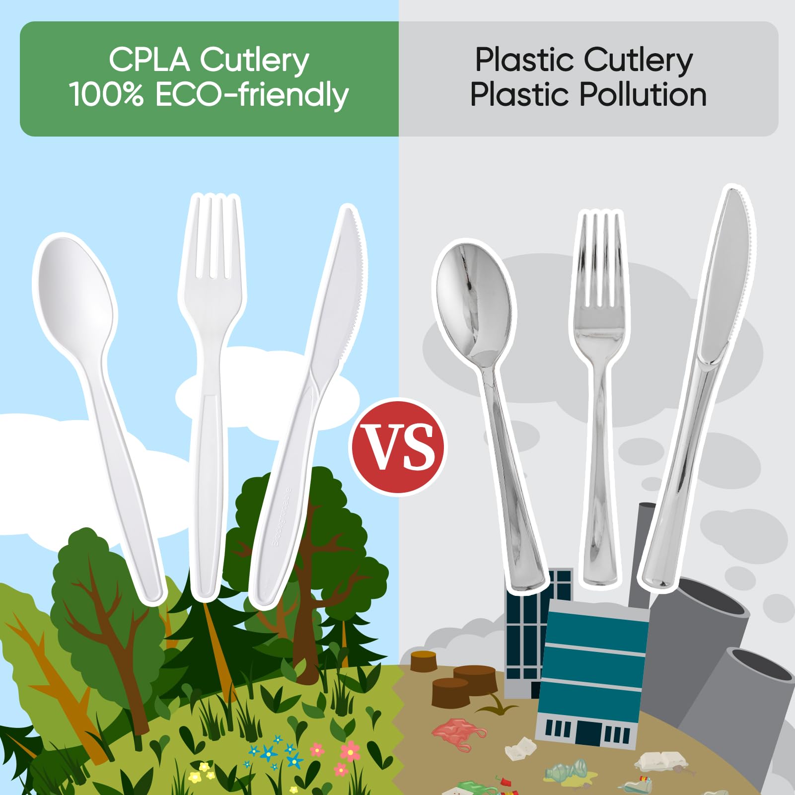 Split image: eco-friendly CPLA cutlery on the left, contrasting with polluting plastic cutlery and waste on the right.