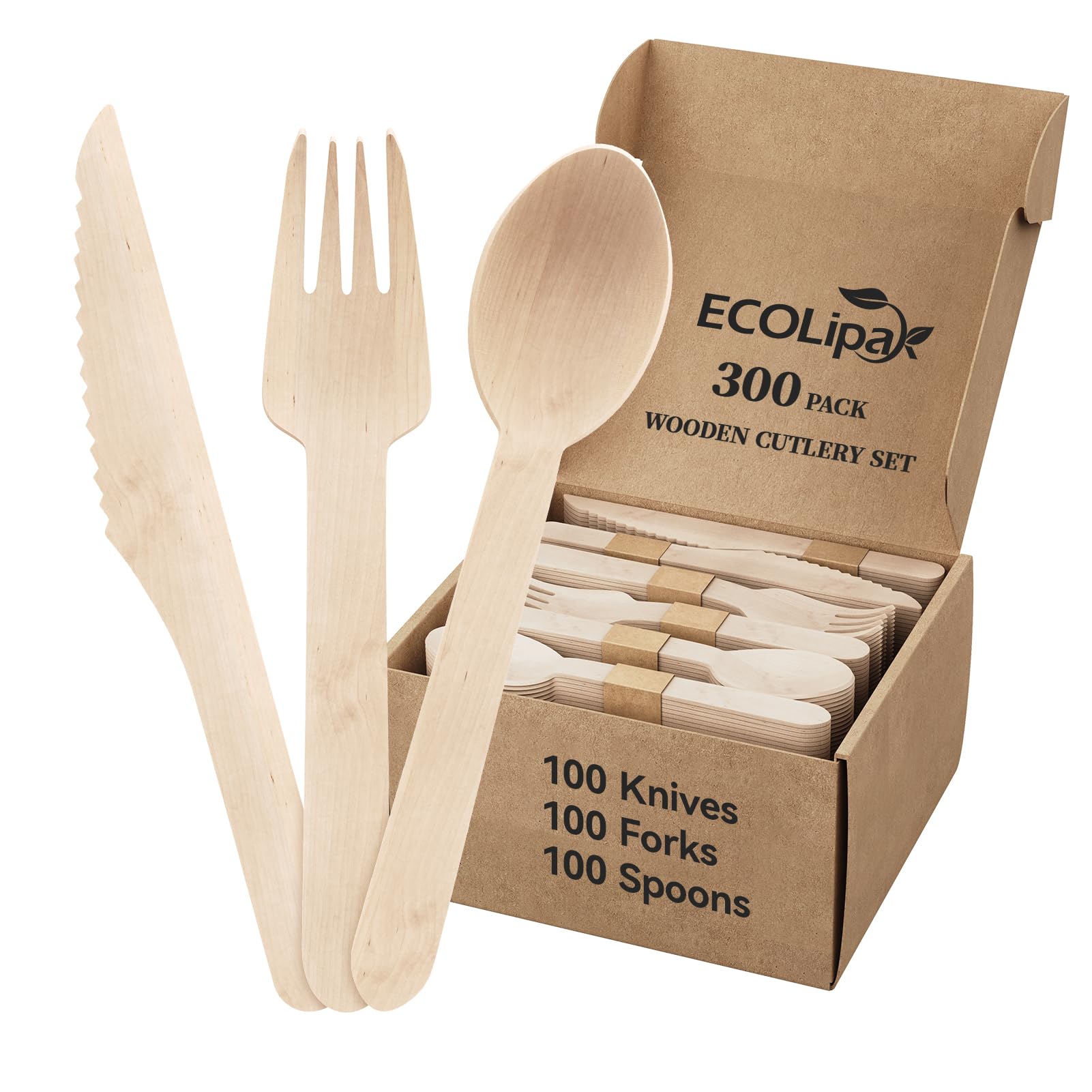 A wooden cutlery set including 100 knives, forks, and spoons in a biodegradable box labeled 'ECOLipa 300 Pack'.