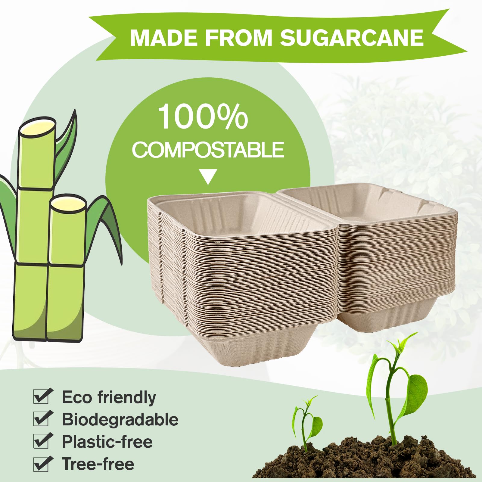 Stack of eco-friendly, biodegradable sugarcane containers labeled "100% Compostable" with growth symbols and checkmarks for sustainability.