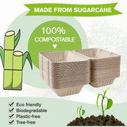 Stack of eco-friendly, biodegradable sugarcane containers labeled "100% Compostable" with growth symbols and checkmarks for sustainability.