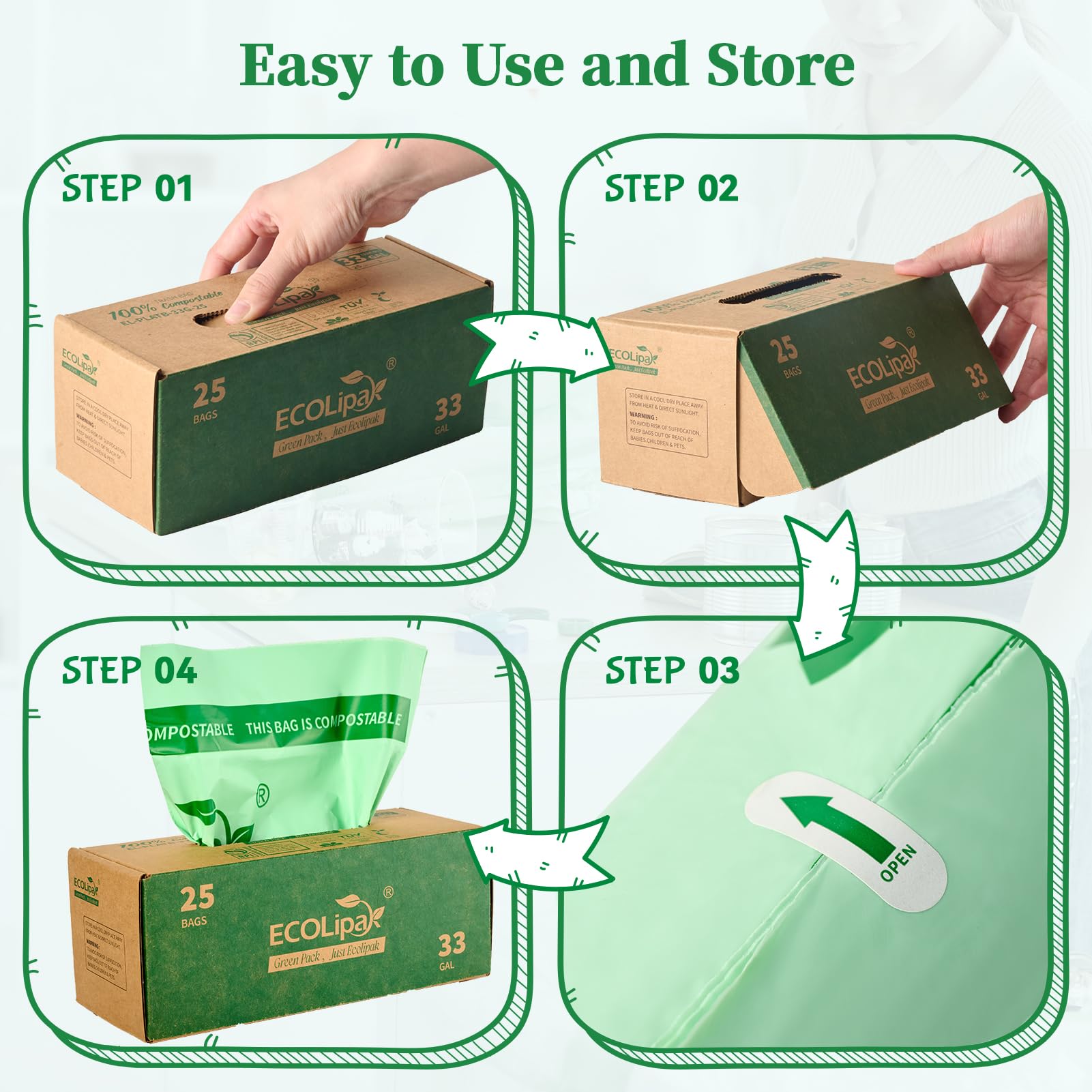 Four-step guide for using and storing ECOLipak compostable bags, featuring clear instructions and visuals on packaging.
