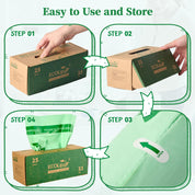 Four-step guide for using and storing ECOLipak compostable bags, featuring clear instructions and visuals on packaging.