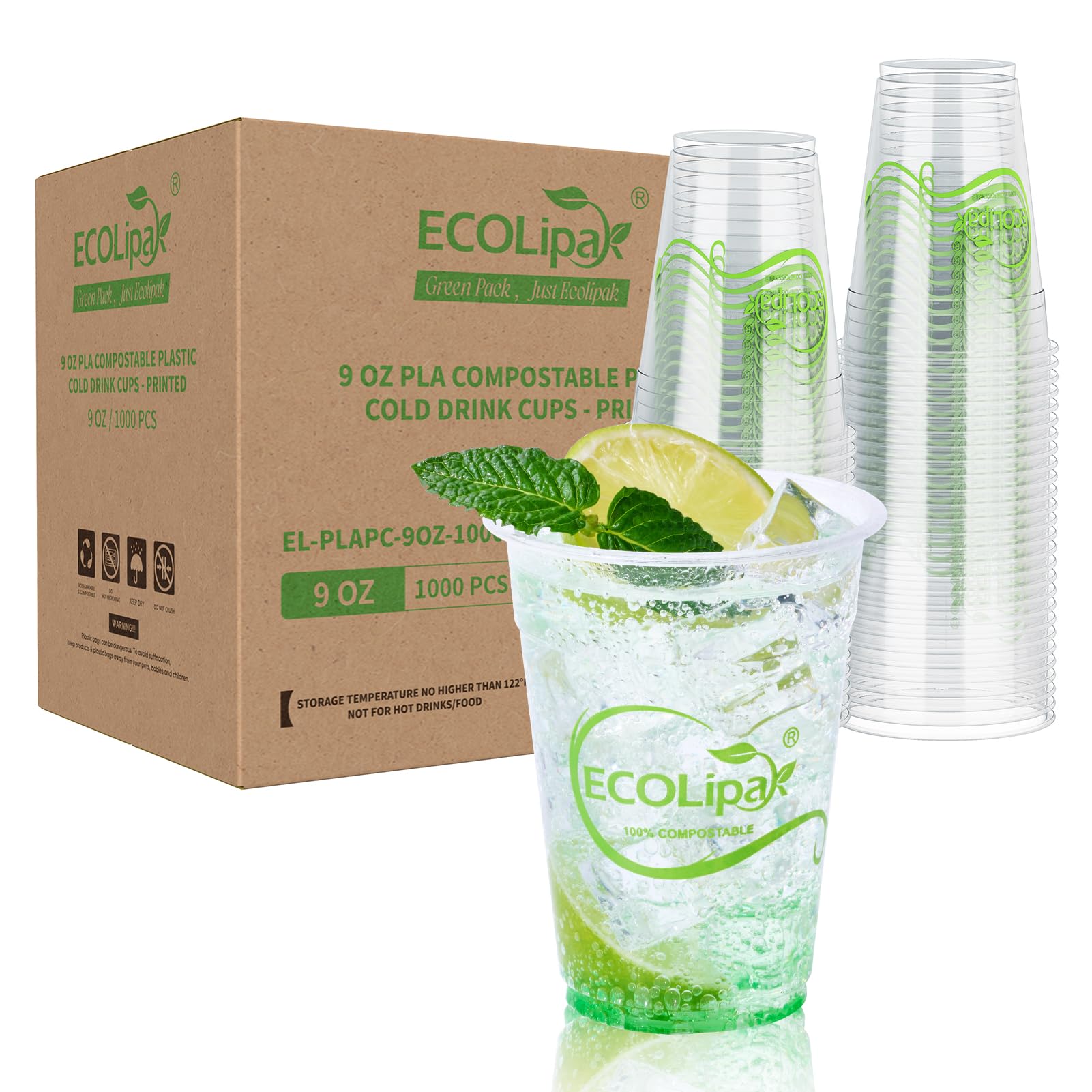 Clear 9 oz compostable drink cup filled with a refreshing beverage, mint, and lime, next to a box of 1000 cups from ECOLipa.