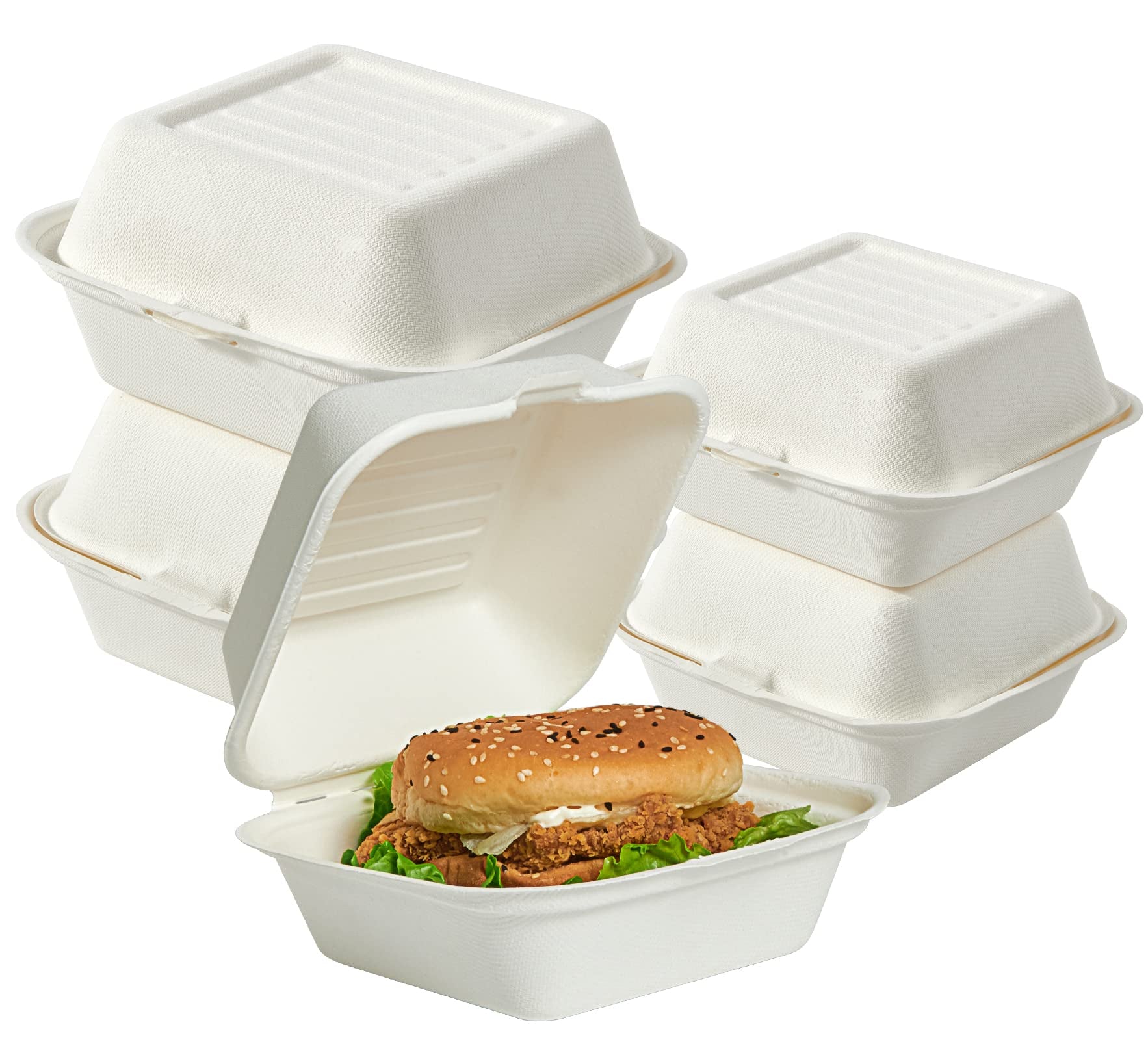 ECOLipak stack of white, disposable, compostable food containers, perfect for holding a delicious burger.