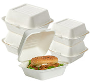 ECOLipak stack of white, disposable, compostable food containers, perfect for holding a delicious burger.
