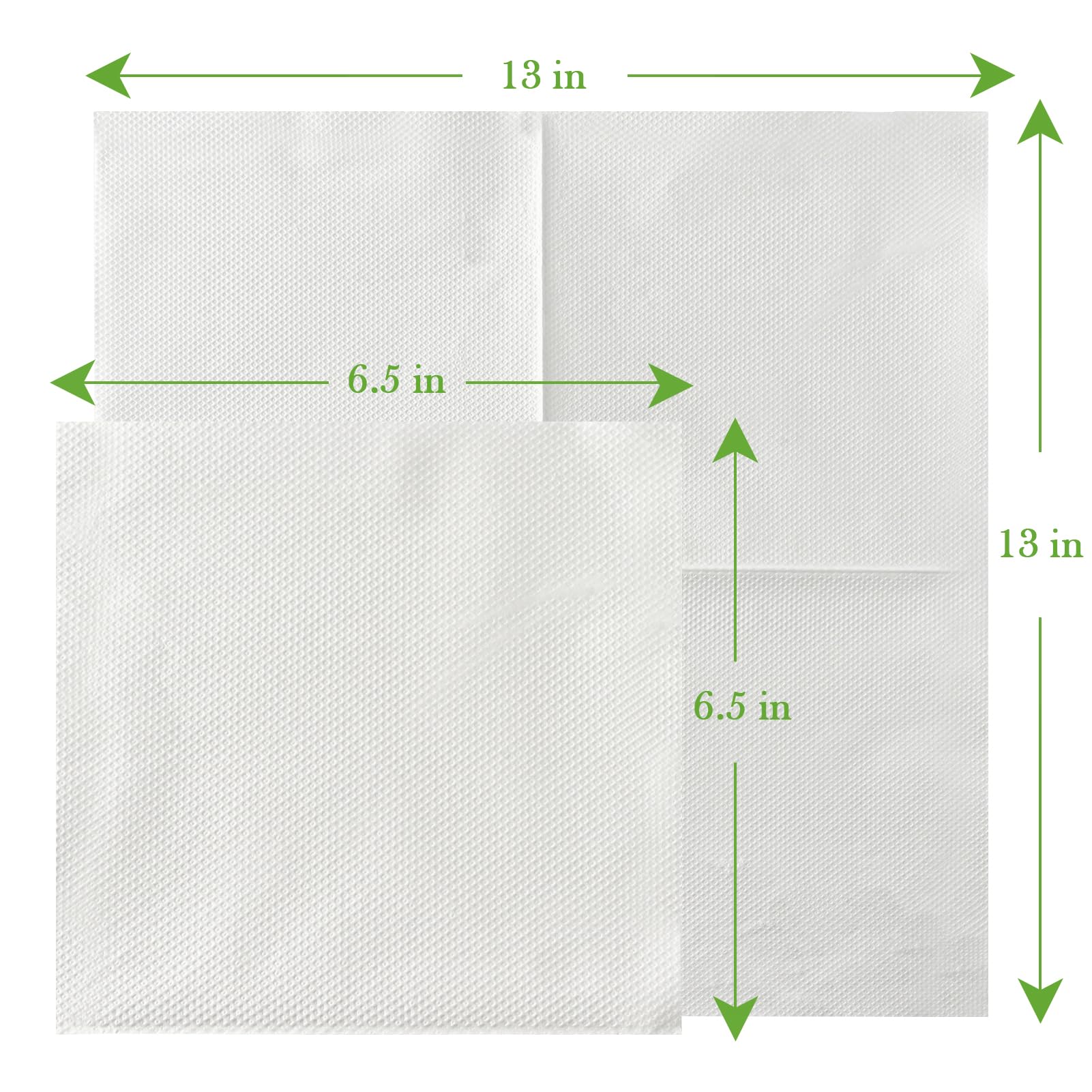 Two ECOLipak white paper sheets displayed, one measuring 13 inches square and one 6.5 inches square, with green arrows indicating measurements.