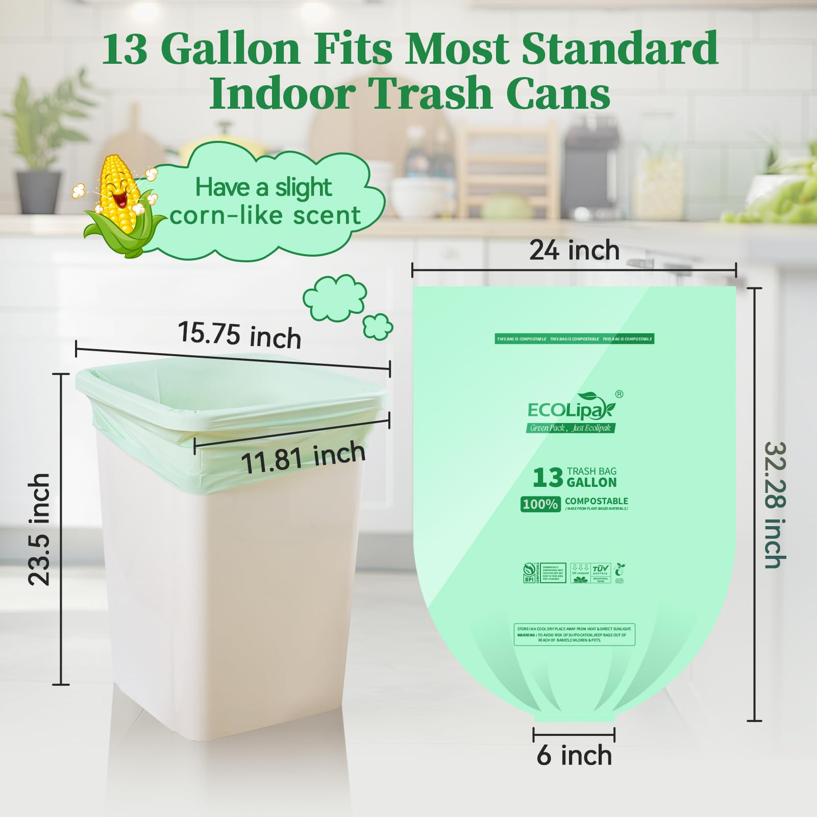 ECOLipak eco-friendly 13-gallon trash can bag, compostable, with a light corn scent, designed to fit standard indoor trash cans.