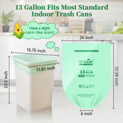 ECOLipak eco-friendly 13-gallon trash can bag, compostable, with a light corn scent, designed to fit standard indoor trash cans.