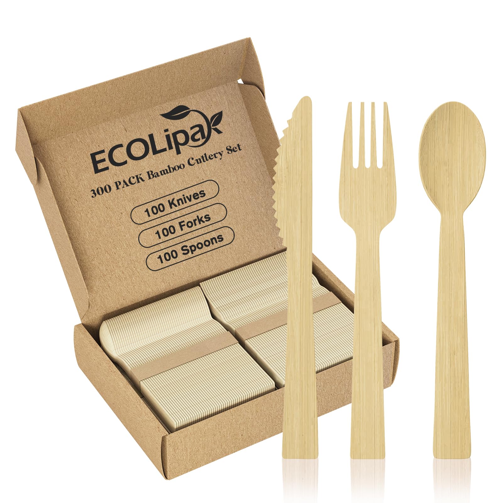 EcoLipa 300-pack bamboo cutlery set with 100 knives, forks, and spoons in a cardboard box, promoting sustainable dining.