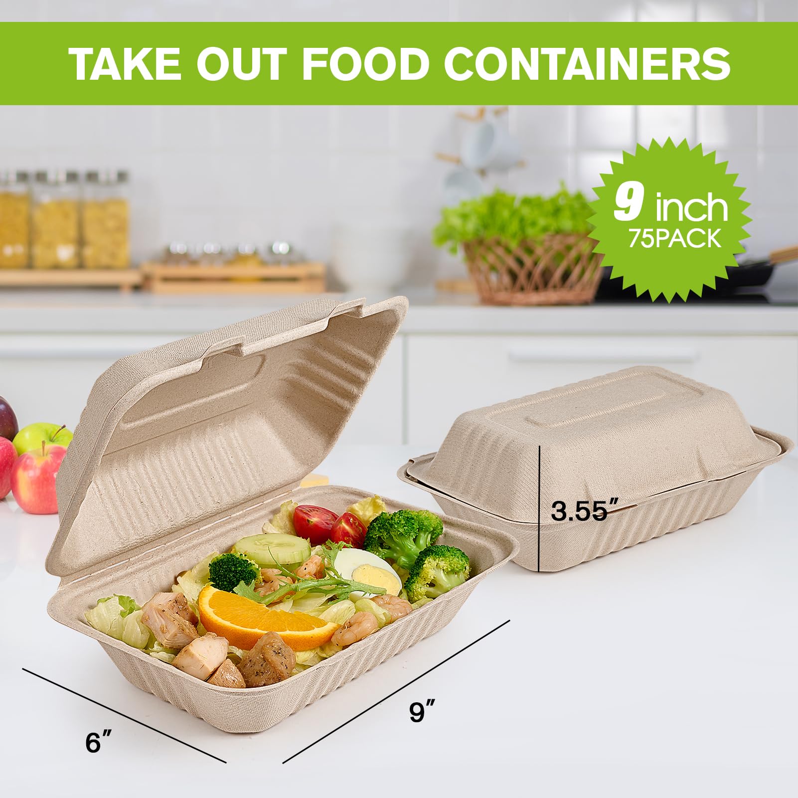 Two eco-friendly take-out food containers display assorted fresh vegetables and meats, labeled 9-inch size, 75-pack, in a kitchen setting.