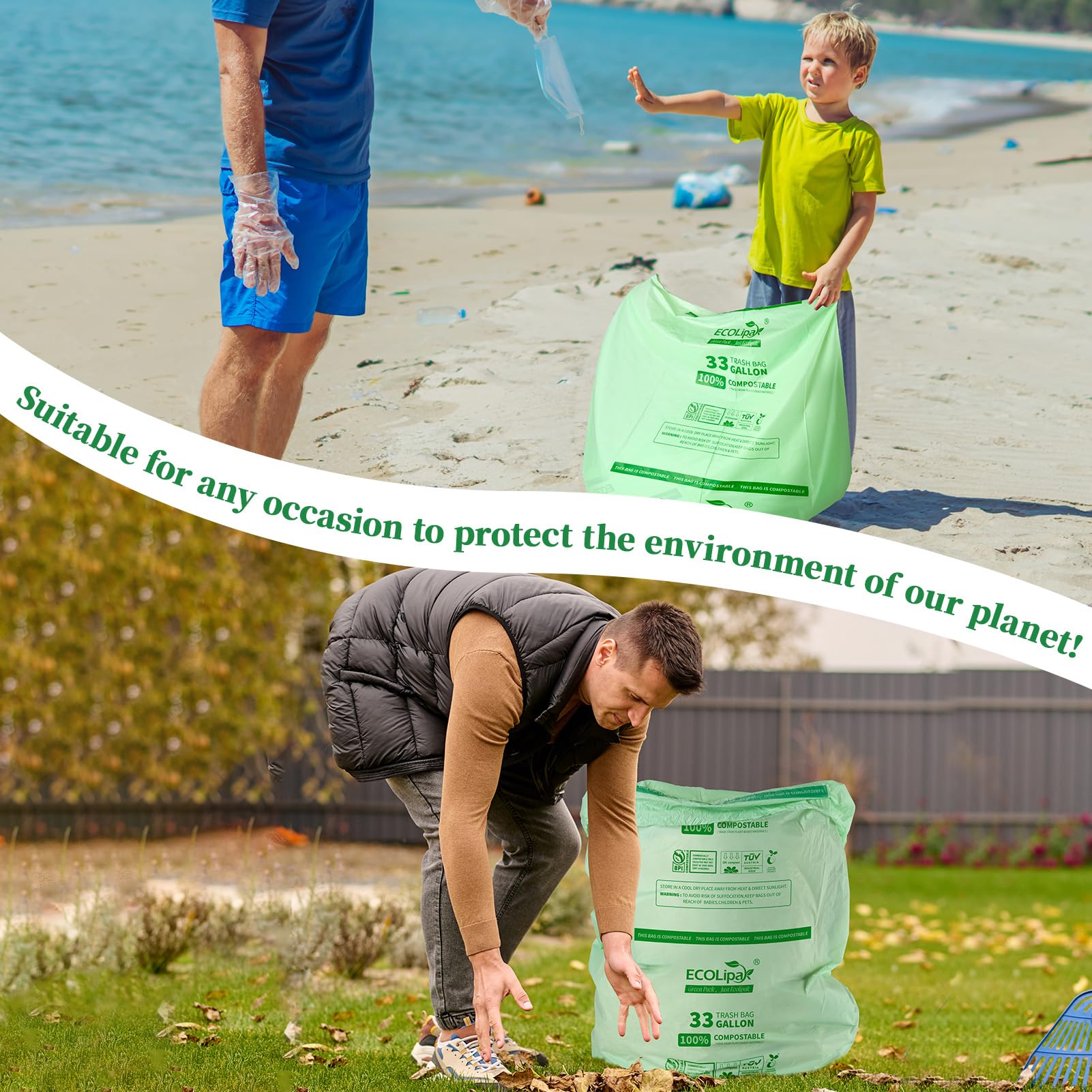 Two scenes showcasing ECOLipak eco-friendly trash bags: one used on a beach and another in a garden, promoting environmental protection.