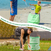 Two scenes showcasing ECOLipak eco-friendly trash bags: one used on a beach and another in a garden, promoting environmental protection.