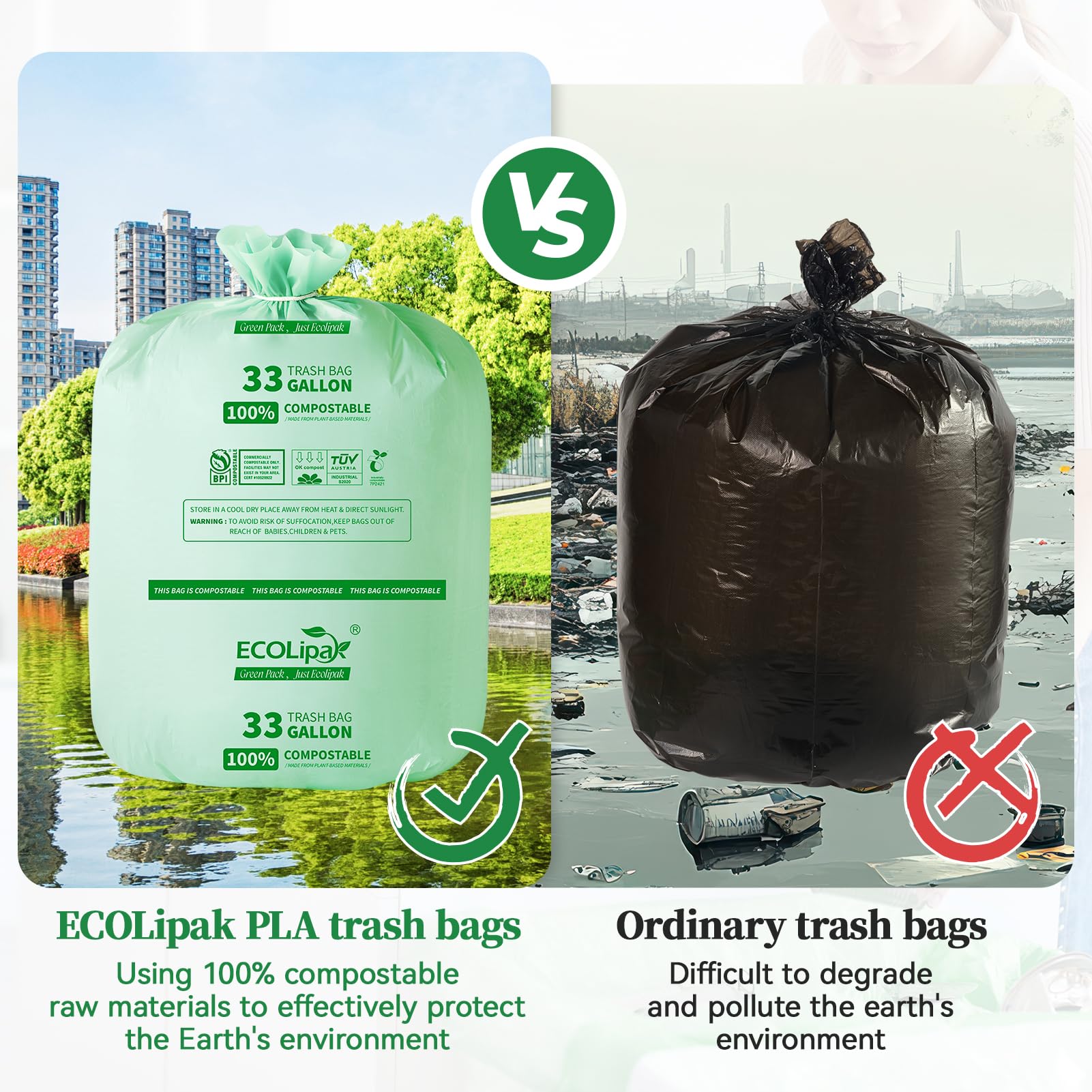 ECOlipak PLA compostable trash bags (left) protect the environment, while ordinary plastic bags (right) are hard to degrade and pollute the Earth.