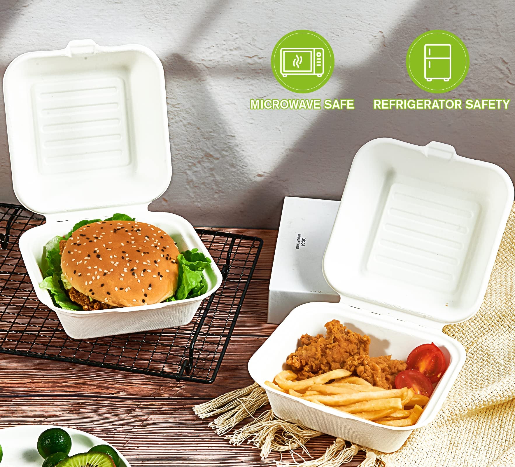 ECOLipak disposable food containers, safe for both microwave and refrigerator use, holding a burger and fried chicken with fries.