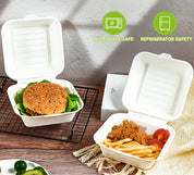 ECOLipak disposable food containers, safe for both microwave and refrigerator use, holding a burger and fried chicken with fries.