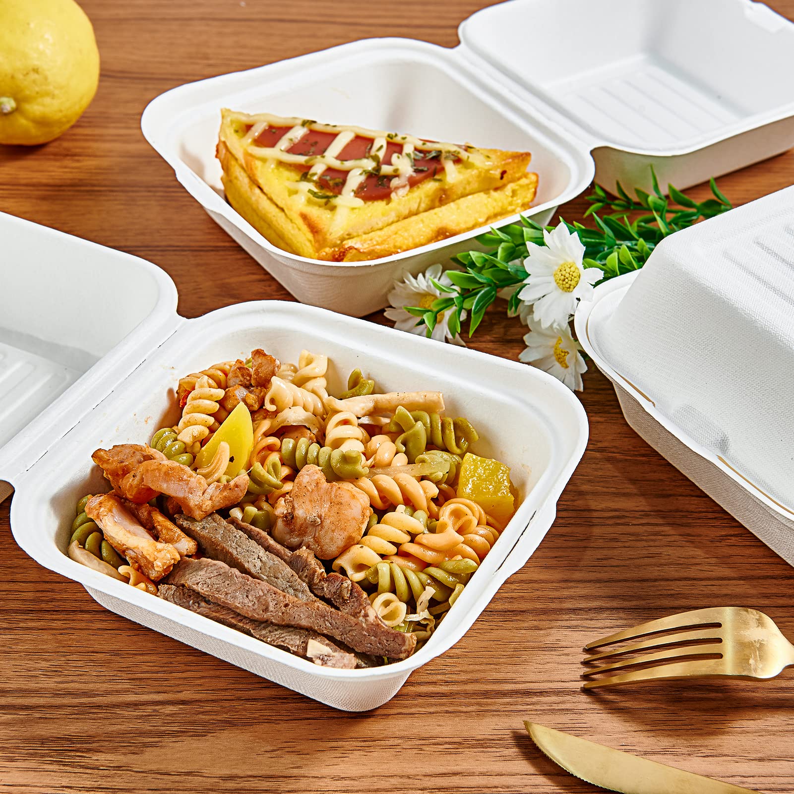ECOLipak disposable food containers filled with delicious meals like pasta with meat and a savory - topped pastry.