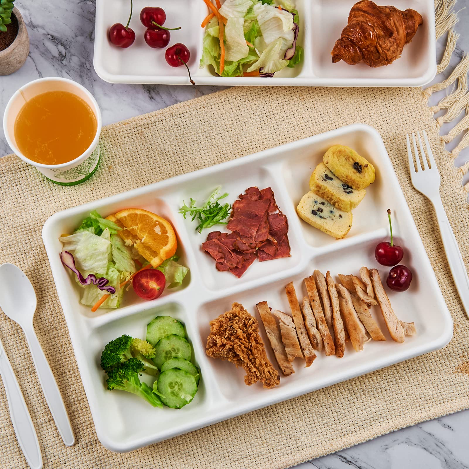 Ecolipak white compartment tray filled with assorted foods.