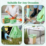 Four images showcase ECOLipak eco-friendly green trash bags used for cooking, cleaning, gardening, and office settings. Suitable for any occasion.