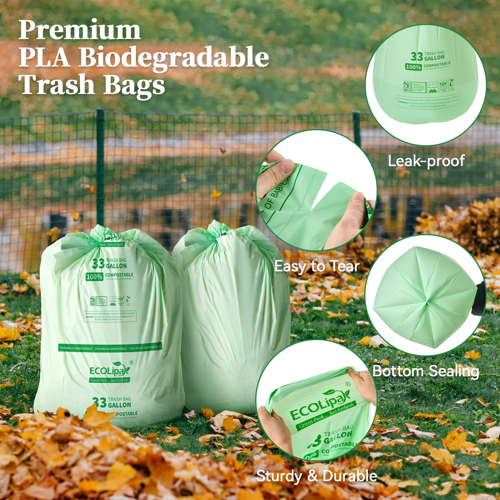 Two green ECOLipak biodegradable trash bags are shown on grass, highlighting their features: leak-proof, easy to tear, sturdy, and durable.