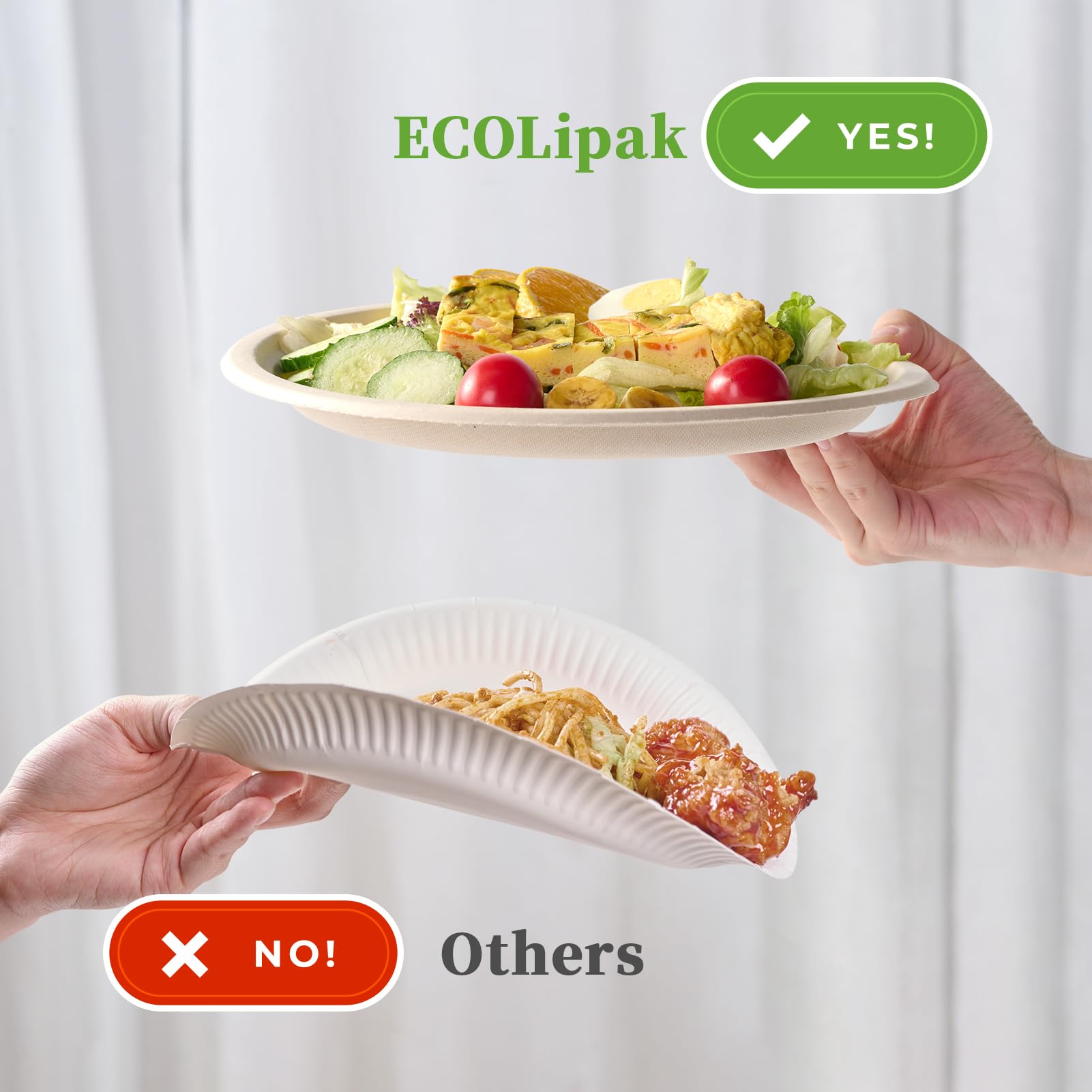 A hand holds a plate of fresh salad labeled "ECOLipak YES!" above another plate with food marked "Others NO!" for comparison.