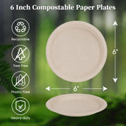 A pair of 6-inch compostable paper plates against a green background, featuring icons for recyclability, tree-free, and plastic-free.